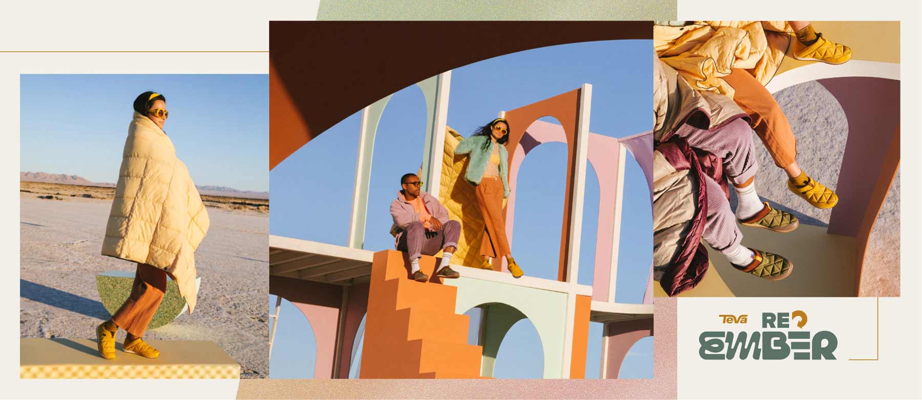 Teva ReEmber A colorful collage of people wearing Teva Ember shoes.