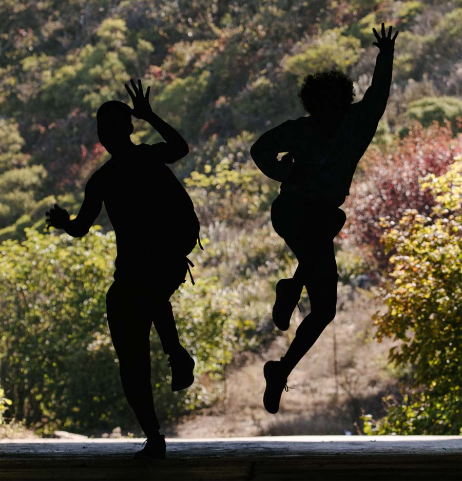 The silhouette of two people jumping in a shaded area.