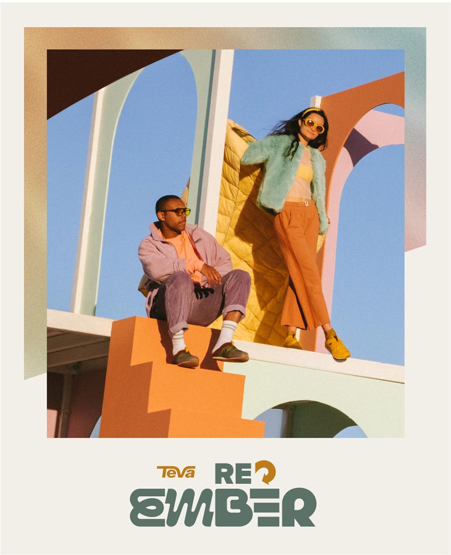 Teva ReEmber Two people, wearing Teva Ember shoes, standing on a colorful structure.